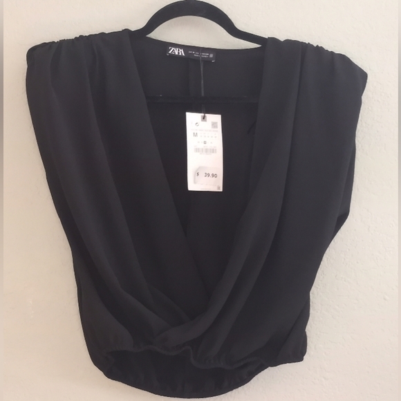 Zara NWT Draped Dramatic Plunge V-Neck Flowy Faux Wrap Silky Sleeveless Blouse - Picture 1 of 4